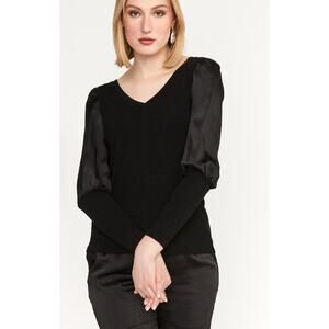 Melissa Nepton Joana Black Satin Long Puff Sleeve Top Large